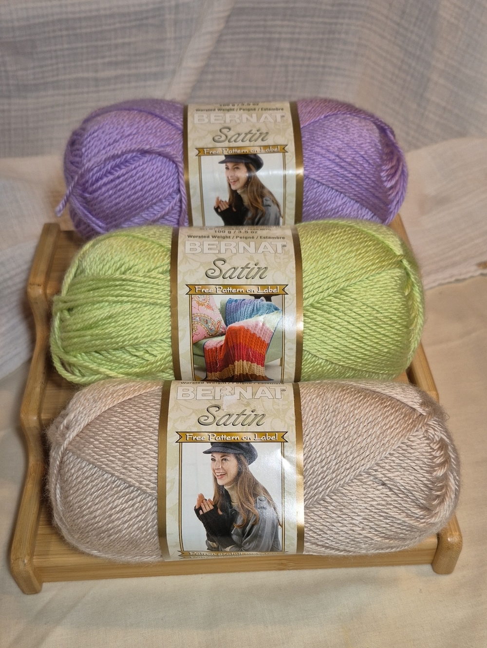 Three Skeins BERNAT Satin▪︎Sandstone•Star Dust•Soft Fern▪︎200yds Each▪︎4 Weight
